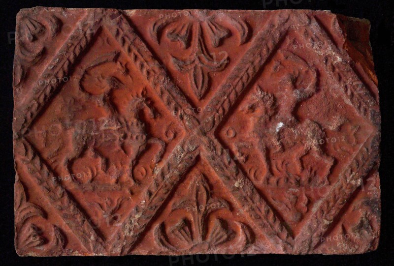 Hearthstone, from Antwerp Belgium, without frame, with two knights on horseback, fireplace stone part ceramic brick, fired