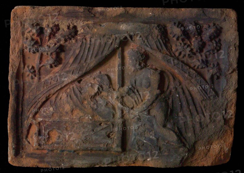 Hearthstone, from Antwerp Belgium, with narrow frame, sleeping Holofernes, hearth fireplace part ceramic brick, fired Hearth
