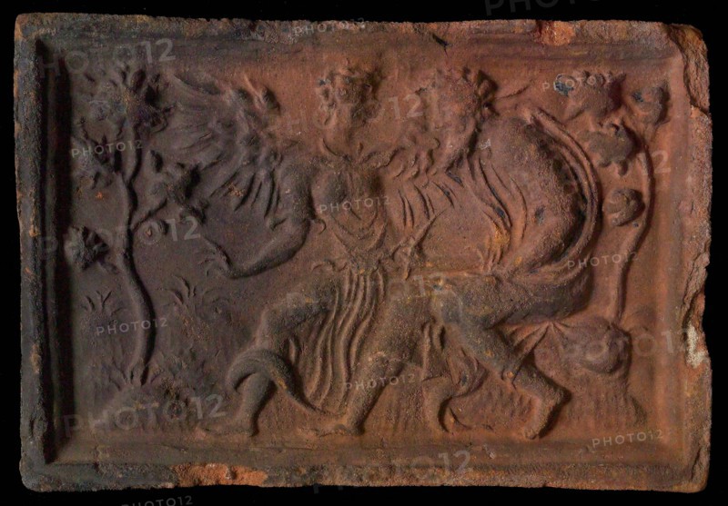 Hearthstone, from Antwerp Belgium, with narrow frame, with evangelist Matthew, fireplace stone part ceramics brick, baked