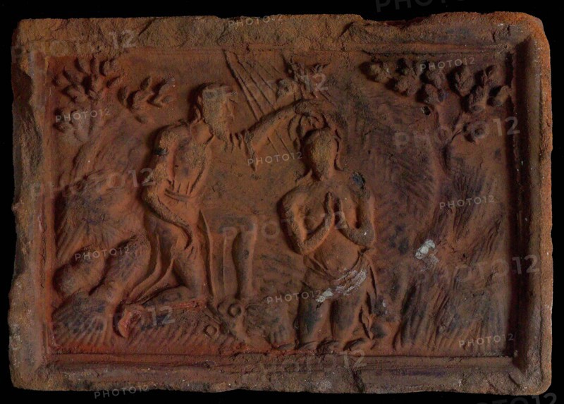 Hearthstone, 'Antwerp', with narrow frame, with the baptism of Jesus, hearth fireplace part ceramic brick, baked Hearthstone