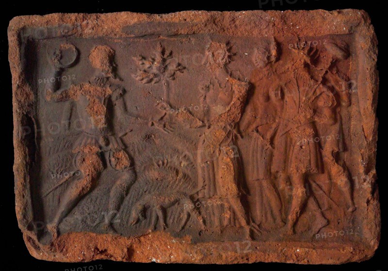 Hearthstone, from Antwerp Belgium, with narrow frame, with Abraham and Melchizedek, hearth fireplace component ceramics brick