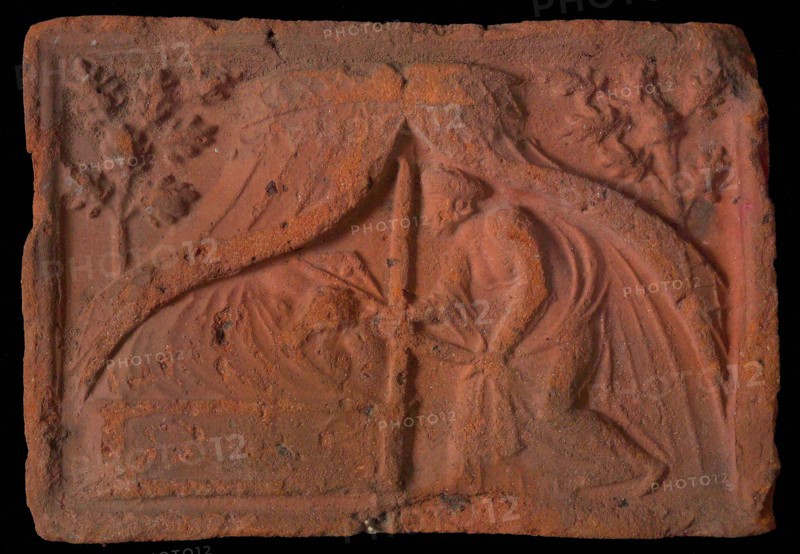 Hearthstone, from Antwerp Belgium, with narrow frame, sleeping Holofernes, hearth fireplace part ceramic brick, fired Hearth