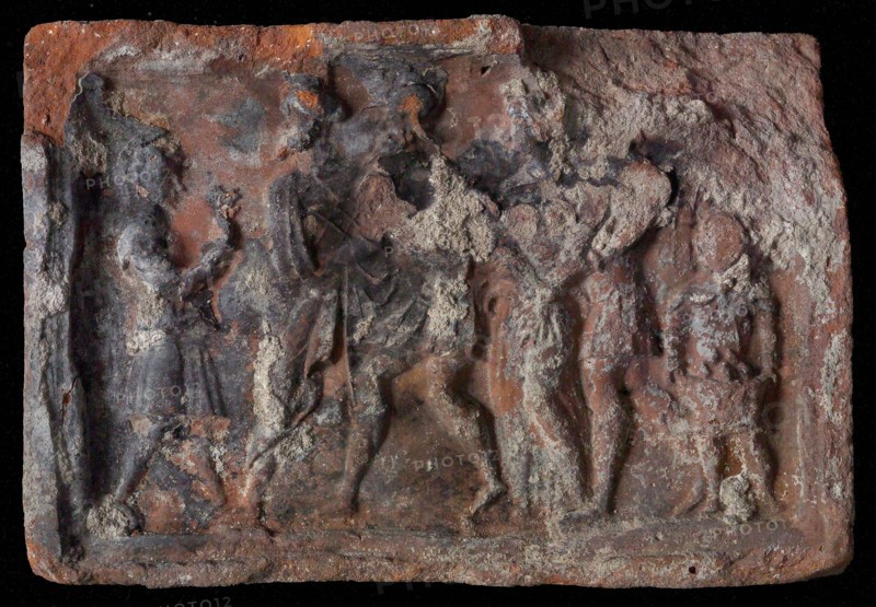 Hearthstone, from Antwerp Belgium, with narrow frame, with the history of Susanna, fireplace stone part ceramics brick, baked