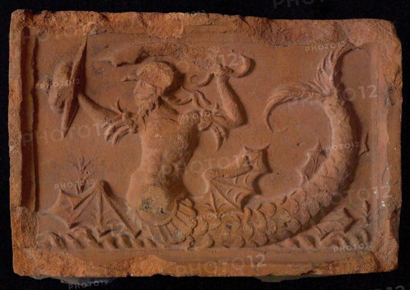 Hearthstone, from Antwerp Belgium, with narrow frame, with merman, fireplace stone part ceramics brick, fried Hearthstone