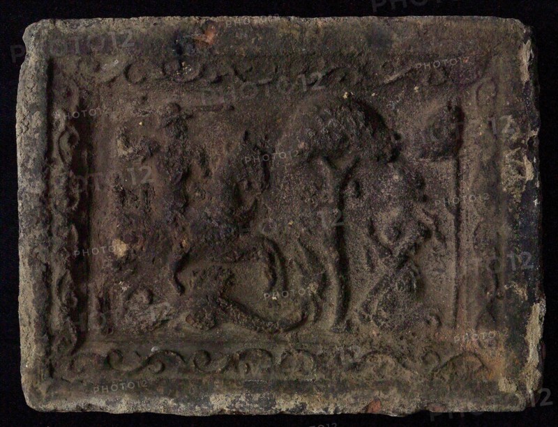 Hearthstone, Luiks, from Luik, Liege Belgium, with wide frame, with Sint Joris, fireplace stone part ceramics brick, baked