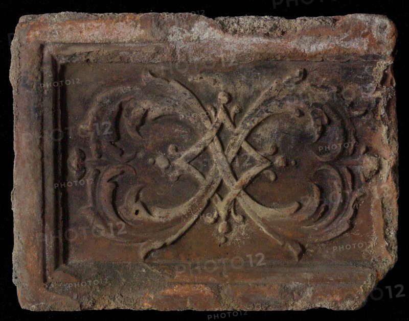 Hearthstone, Luiks, from Luik, Liege Belgium, with wide frame, with acanthus leaves, hearth fireplace component ceramics brick