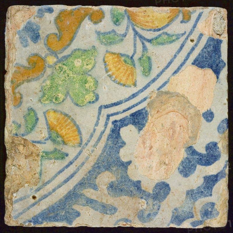 Jacob Martenz, Ornament tile, corner pattern palmet, with reverse tile markers, dated and signed, wall tile tile sculpture soil