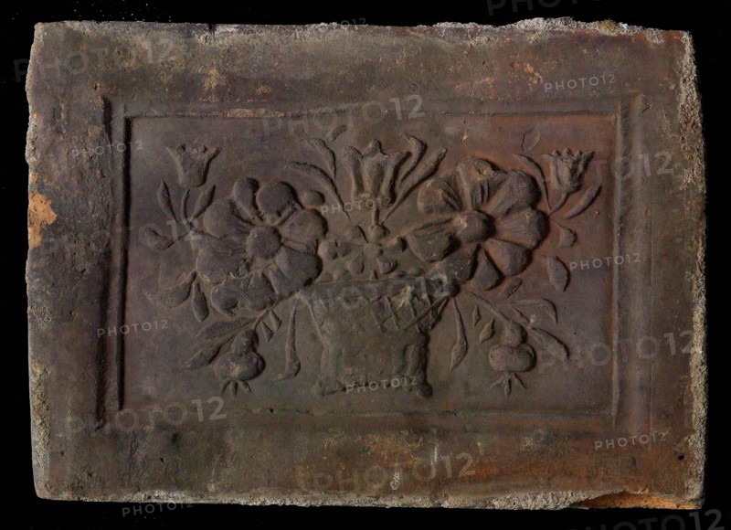 Hearthstone, Luiks, from Luik, Liege Belgium, with wide frame, with flowers, hearth fireplace part ceramics brick, fired