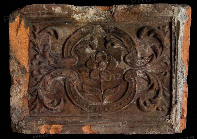 Hearthstone, Luiks, from Luik, Liege Belgium, with wide frame, with flower, hearth fireplace part ceramics brick, fired