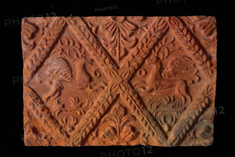 Hearthstone, from Antwerp Belgium, without frame, with winged deer in glass, hearth fireplace component ceramics brick glaze