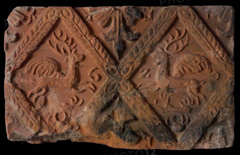 Hearthstone, from Antwerp Belgium, without frame, with winged deer in the window, hearth fireplace component ceramics brick
