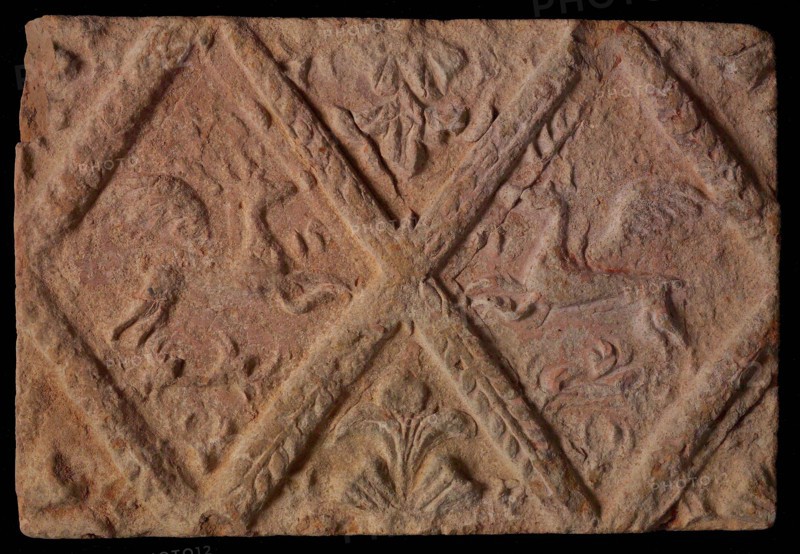 Hearthstone, from Antwerp Belgium, without frame, with winged deer in glass, hearthstone fireplace component ceramics brick