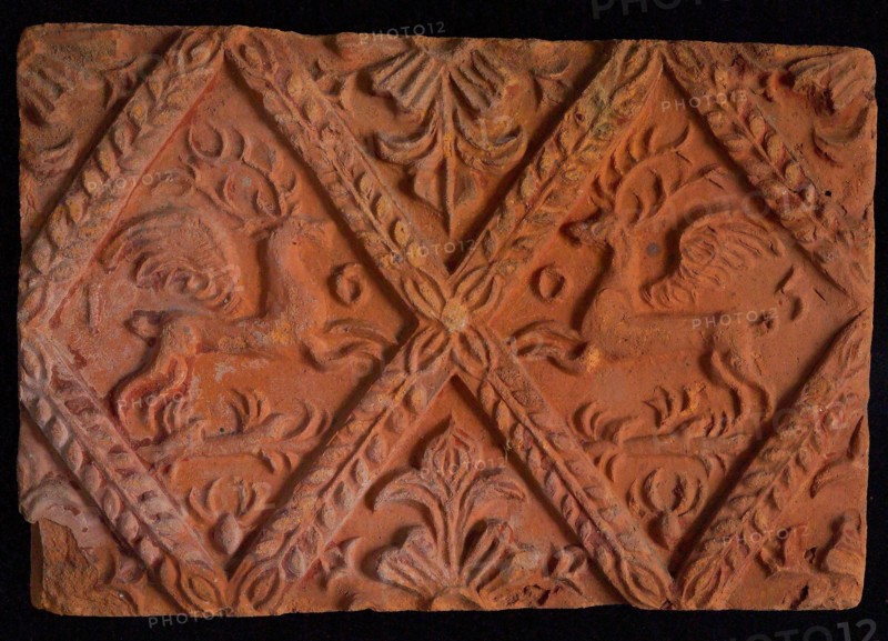 Hearthstone, from Antwerp Belgium, without frame, with winged deer in glass, fireplace stone component ceramics brick glaze
