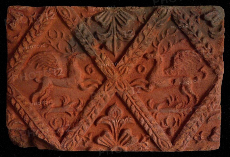 Hearthstone, from Antwerp Belgium, without frame, with winged deer in glass, hearth fireplace component ceramics brick glaze