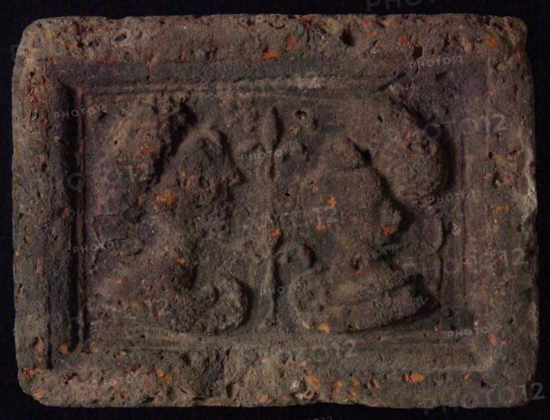 Hearthstone, Luiks, from Luik, Liege Belgium, with wide frame, with male and female head, hearth fireplace component ceramics