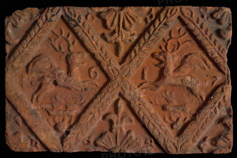 Hearthstone, from Antwerp Belgium, without frame, with winged deer in glass, hearth fireplace component ceramics brick glaze