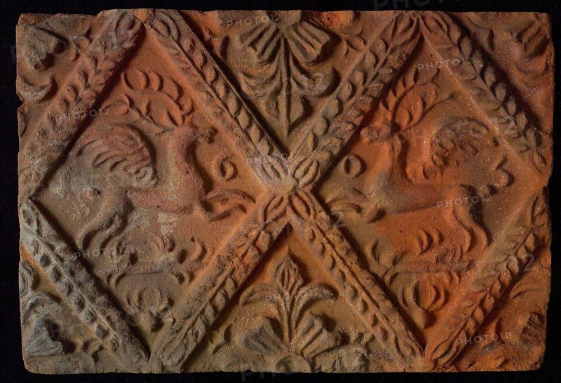 Hearthstone, from Antwerp Belgium, without frame, with winged deer in glass, fireplace stone component ceramics brick glaze