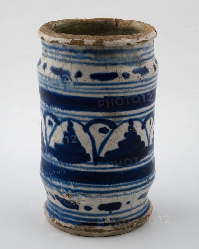 High majolica albarello on stand with flown blue decor, albarello holder soil find ceramic earthenware glaze lead glaze tin