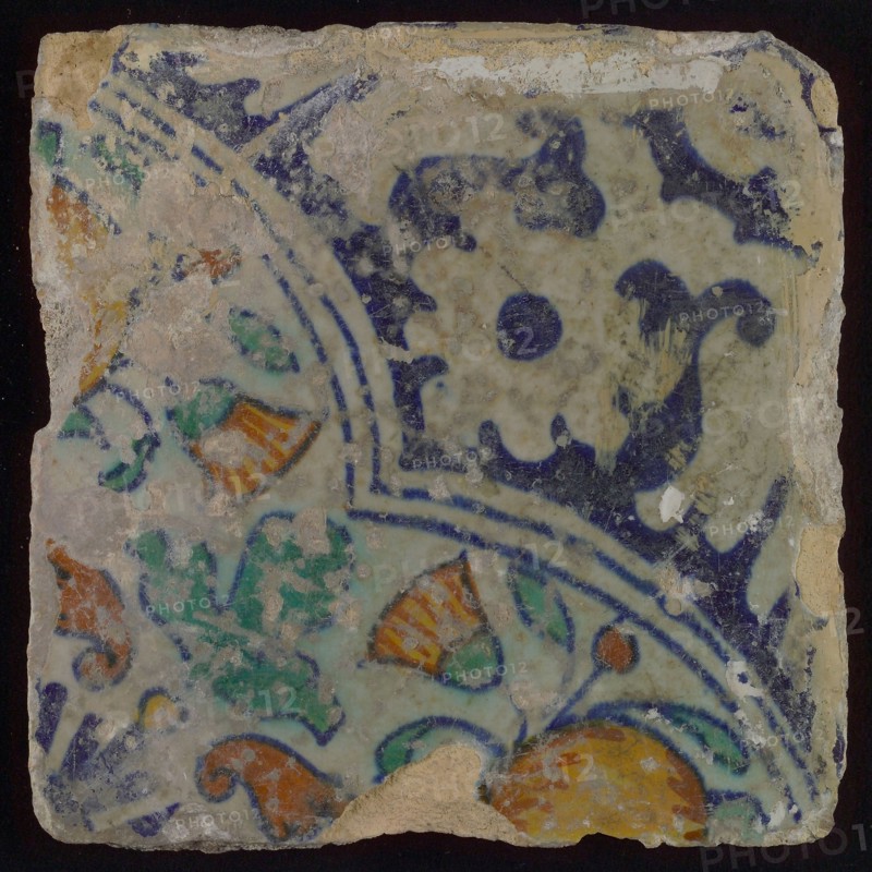 Ornament tile, diagonal ornament in quatrefoil with orange and flowers, palm corner, corner pattern rosette, wall tile