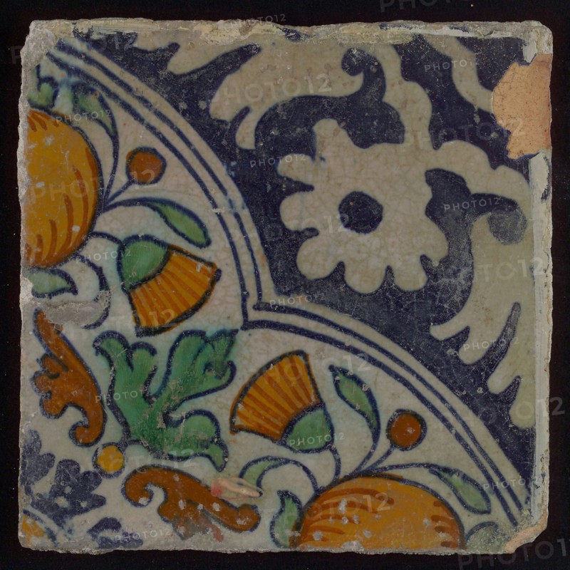 Ornament tile, diagonal ornament in quatrefoil with orange and flowers, palm corner, corner pattern rosette, wall tile