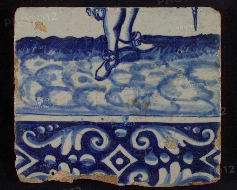 Tile of tableau with in blue feet and decorated border, tile picture material fragment ceramic earthenware glaze, baked 2x