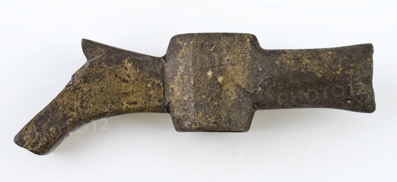 Incomplete, brass tap with stylized spout without stopper, tap part soil found brass metal, cast Yellow-metal tube with stylized