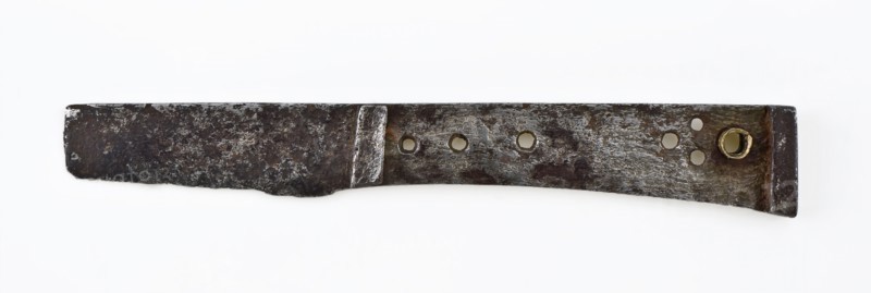 Blade with baffles and plate gong with hood and copper ring, knife cutlery soil find iron brass metal blade, handforged
