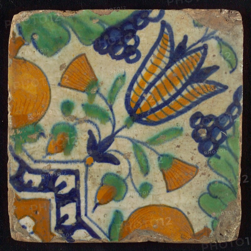 Ornament tile, star tulip with bunches of grapes and orange apples, wall tile tile sculpture ceramic earthenware glaze, baked 2x