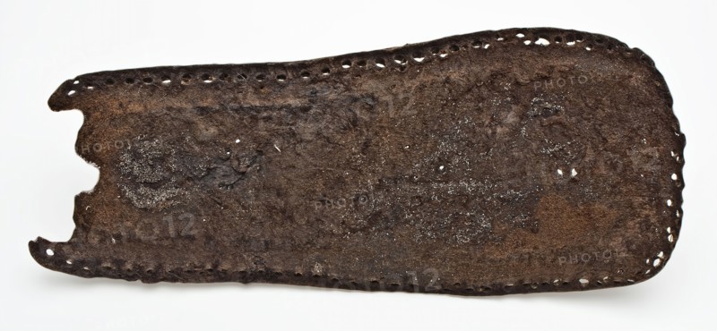 Leather sole of shoe, round heel, flat nose, around sewing thread, shoe footwear clothing soil find leather, archeology