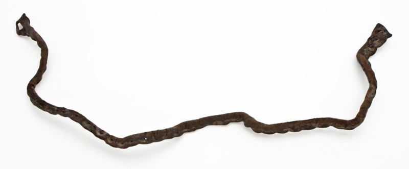 Leather shoe outlets, narrow, folded with over the entire length sewing holes on both ends, shoe footwear clothing fragment soil
