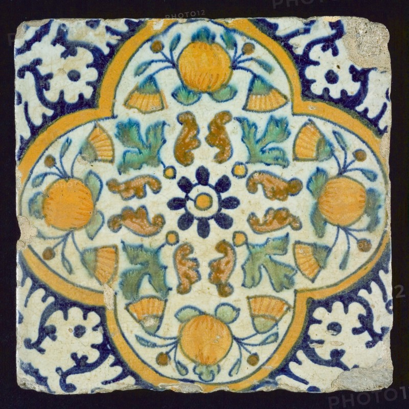 Ornament tile or pompadrain tile, corner pattern palmet, wall tile tile sculpture ceramics pottery glaze, baked 2x glazed