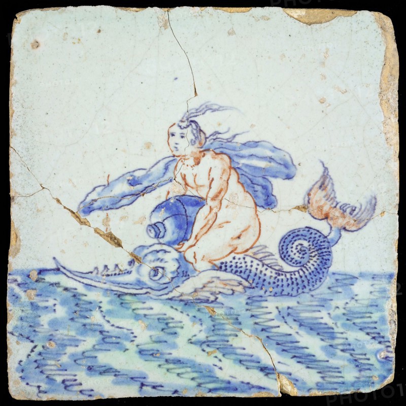 Scene tile, naked woman with jug and fluttering cloth sitting on fish, in continuous water, wall tile tile sculpture soil find