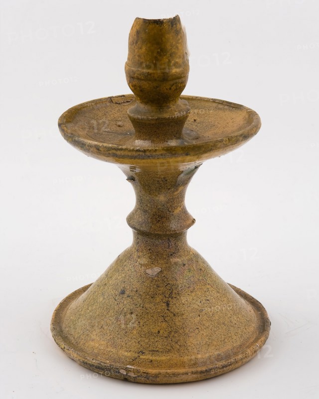 Earthenware candlestick, yellow glazed, candlestick candlestick illumination floor foundry ceramics pottery, archeology