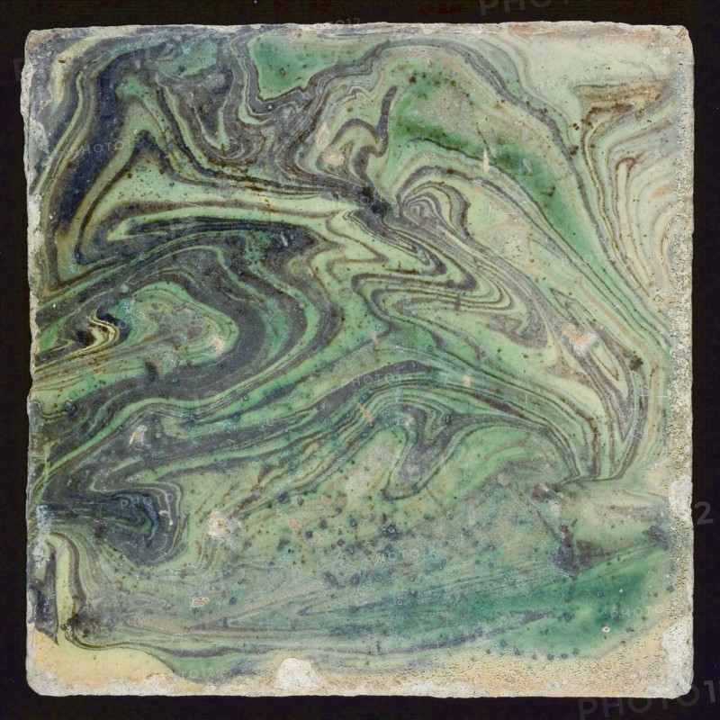 Tile, green and brown flamed in sludge flow technique, wall tile tile sculpture ceramics pottery clay engobe glaze, baked 2x