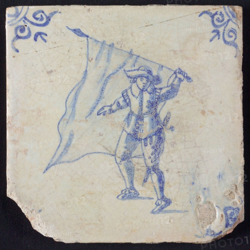 White tile with blue warrior, standard wharf; corner pattern ox head, wall tile tile sculpture ceramic earthenware glaze, baked