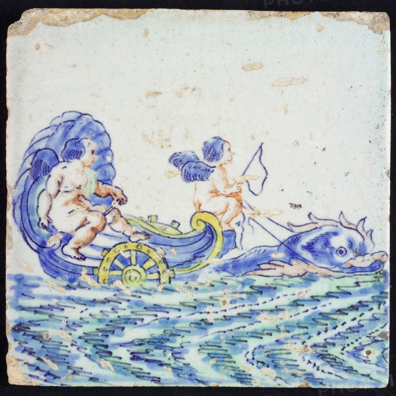 Scene tile, dolphin pulled shell naked man with stick and winged Amor with whip, wall tile tile sculpture soil find ceramic