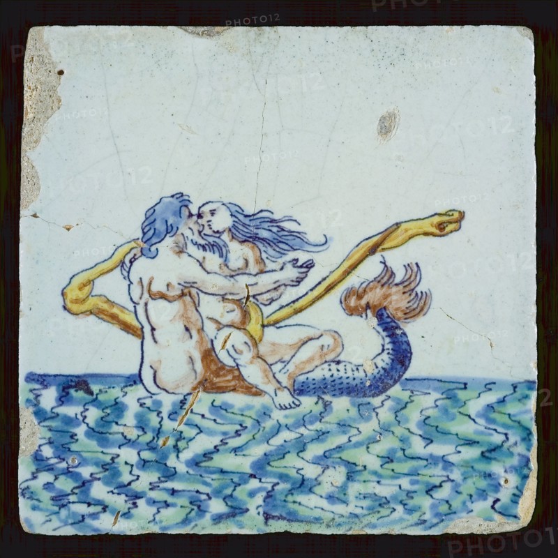 Scene tile, wife and merman, wall tile tile visualization earth discovery ceramics earthenware glaze, baked 2x glazed painted