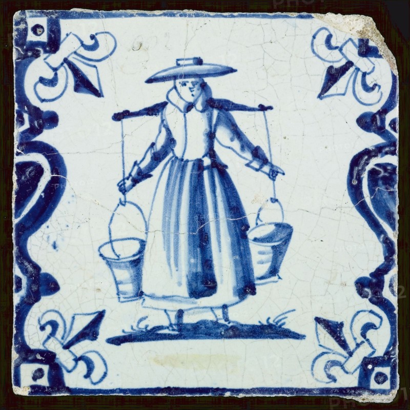 Figure tile, milkmaid with yoke, corner pattern french lily, wall tile tile sculpture ceramic earthenware enamel tinglage, baked