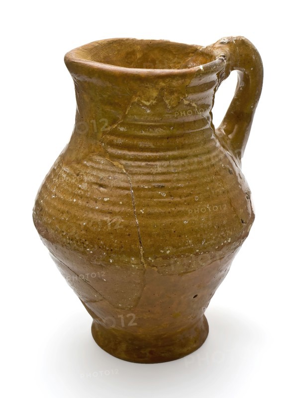 Pottery jug with spout and ear, double conical model on stand ring, water jug crockery holder soil find ceramic earthenware