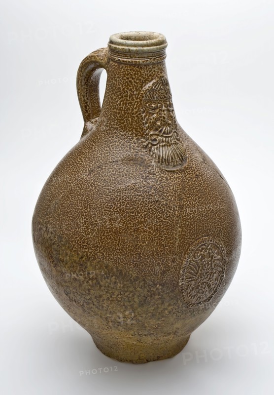Bartmann jug, also called Bellarmine jug, jug, stoneware with cartouche on the belly, mottled brown glazed, beardmug tableware