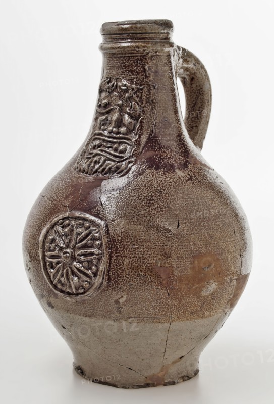 Brown Bartmann jug, also called Bellarmine jug, jug, stoneware, with beard and oval cartouche with rosette, Bartmann juggeruik