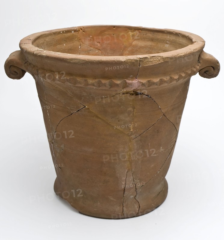 Pottery flowerpot, with two curled handles and serrated edge, flower pot holder earth discovery ceramic earthenware, hand-turned