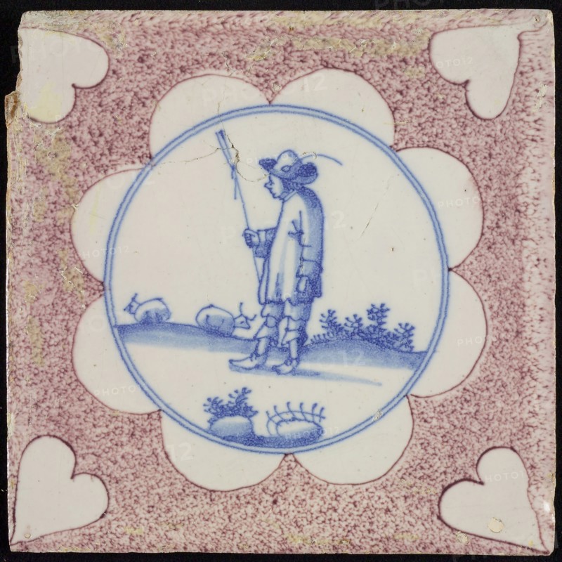 Figure tile, purple sprinkled tile, shepherd with staff and sheep, corner motif heart, wall tile tile sculpture ceramic