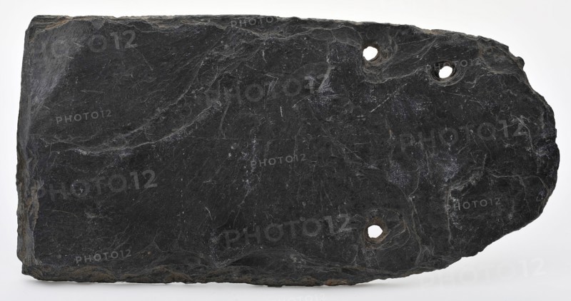 Gray roof with three fixing holes, oblong with round top, roof slab construction material soil find slate stone, chopped drilled