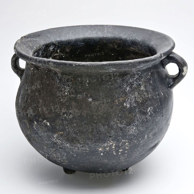 Black earthenware pot with two standing ears, on three legs, ball-shaped model, pot holder soil found ceramic pottery, hand