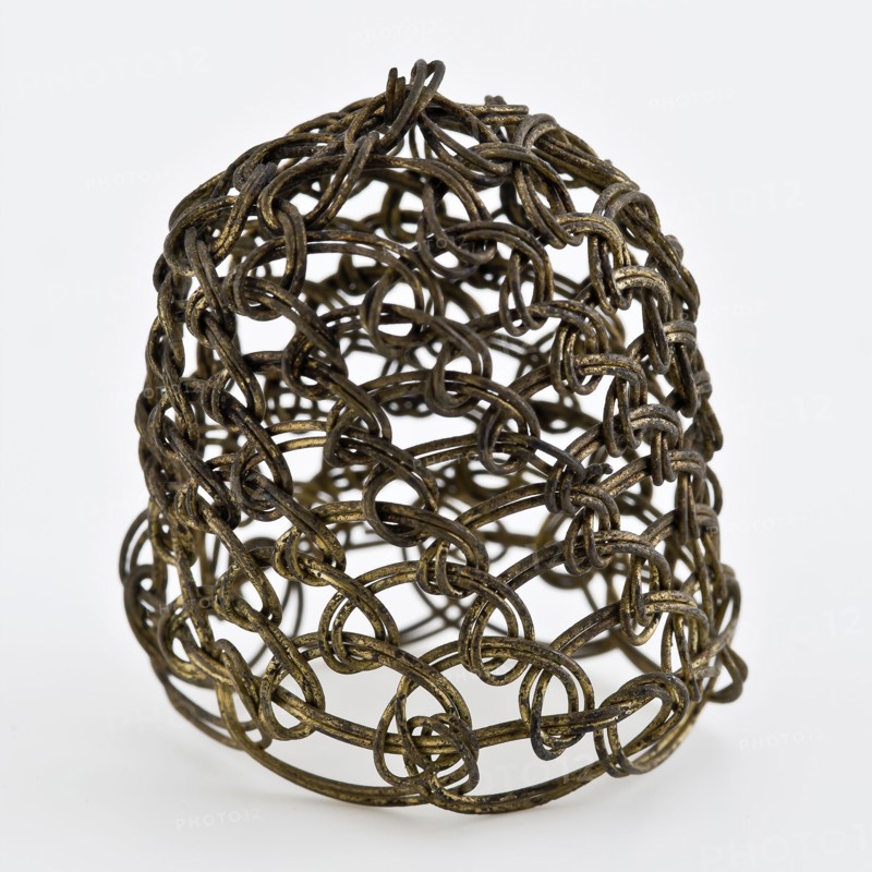 Braided fire basket for pipe with double wire, fire basket holder soil found brass metal h 3,1, drawn wire braided Fire basket