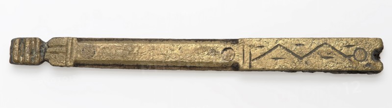 Fragment of book fittings, ornamental fitting book fitting soil found brass metal, cast engraved riveted Yellow copper metal rod