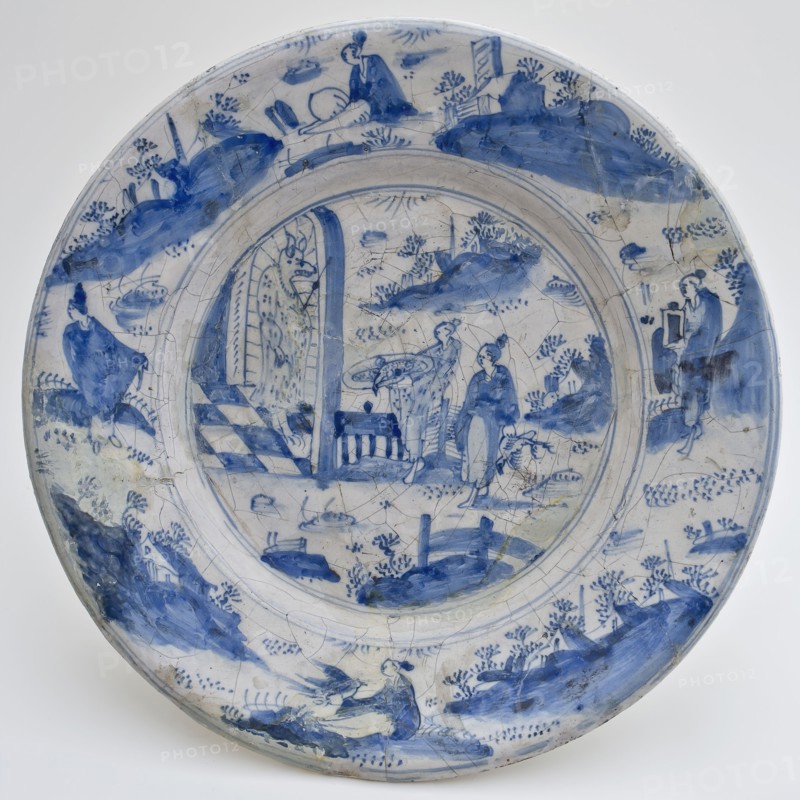 Faience plate with blue decor, Chinese figures in the mirror and on the edge, dish crockery holder soil find ceramic earthenware