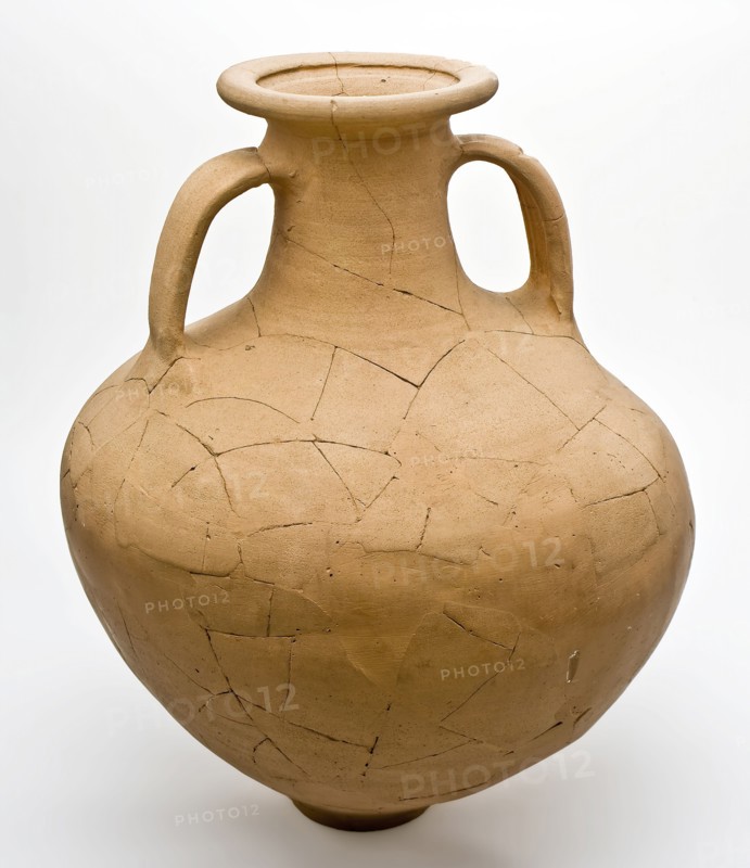 Tall jar, amphora with spherical body on small standing surface, two long, wide ears, amphora jug holder found bottom ceramics