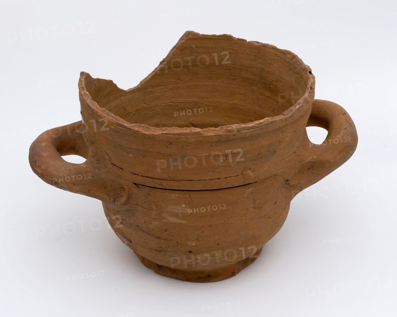 Pottery flower pot on stand with two horizontal sausage ears and seven holes in the bottom, flower pot holder soil find ceramic